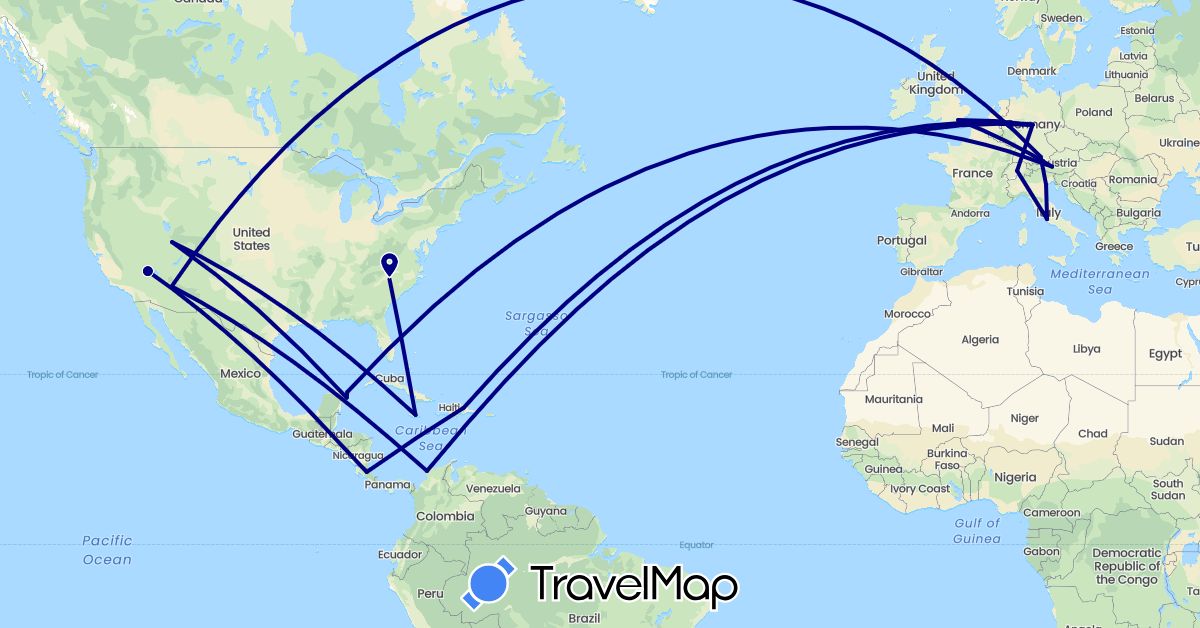 TravelMap itinerary: driving in Austria, Switzerland, Colombia, Costa Rica, Germany, Dominican Republic, United Kingdom, Italy, Jamaica, Mexico, United States (Europe, North America, South America)